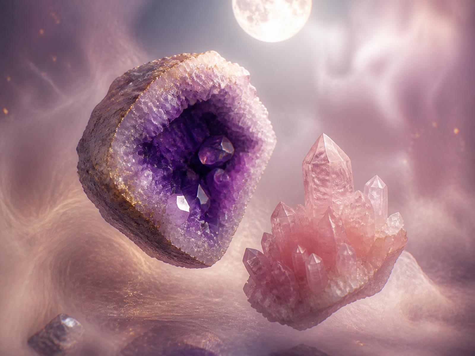 Amethyst and rose quartz still life under moonlight